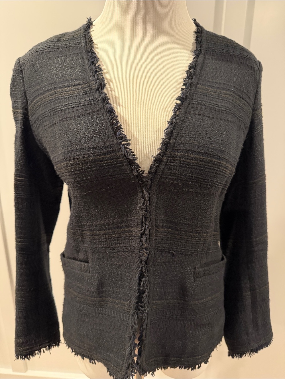 Banana Republic Black Textured V-Neck Frayed Cardigan/suit coat